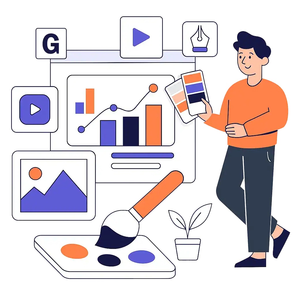 Home 27 A person in an orange sweater holding a color palette and a mobile device, standing next to various design and analytics icons.