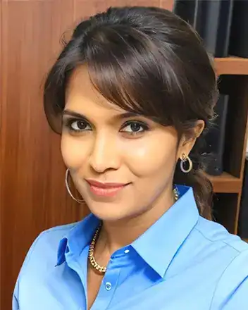 Home 57 A woman with long dark hair wearing a blue shirt and earrings, posing for a portrait.