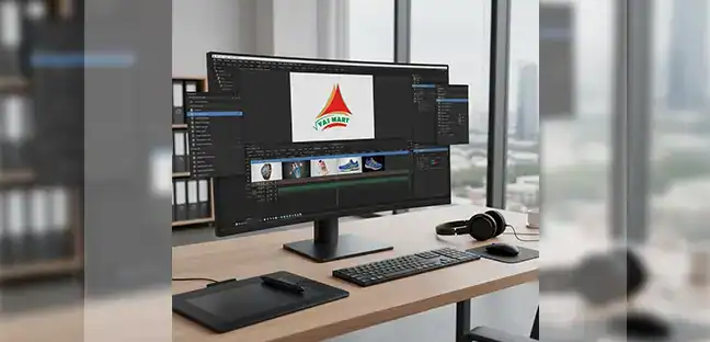 A video editing setup featuring a large monitor displaying a logo, keyboard, and graphic tablet on a desk.