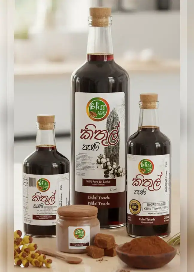 Three bottles and a jar of Kithul treacle with labels in Sinhala and English.