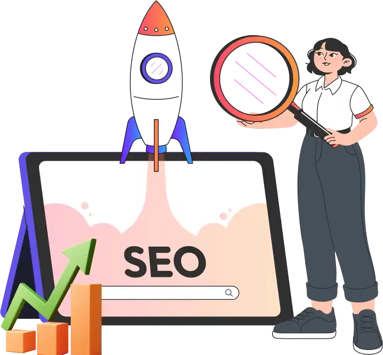 Home 33 Illustration of a person with a magnifying glass next to a tablet displaying SEO, with a rocket and graphs in the background.